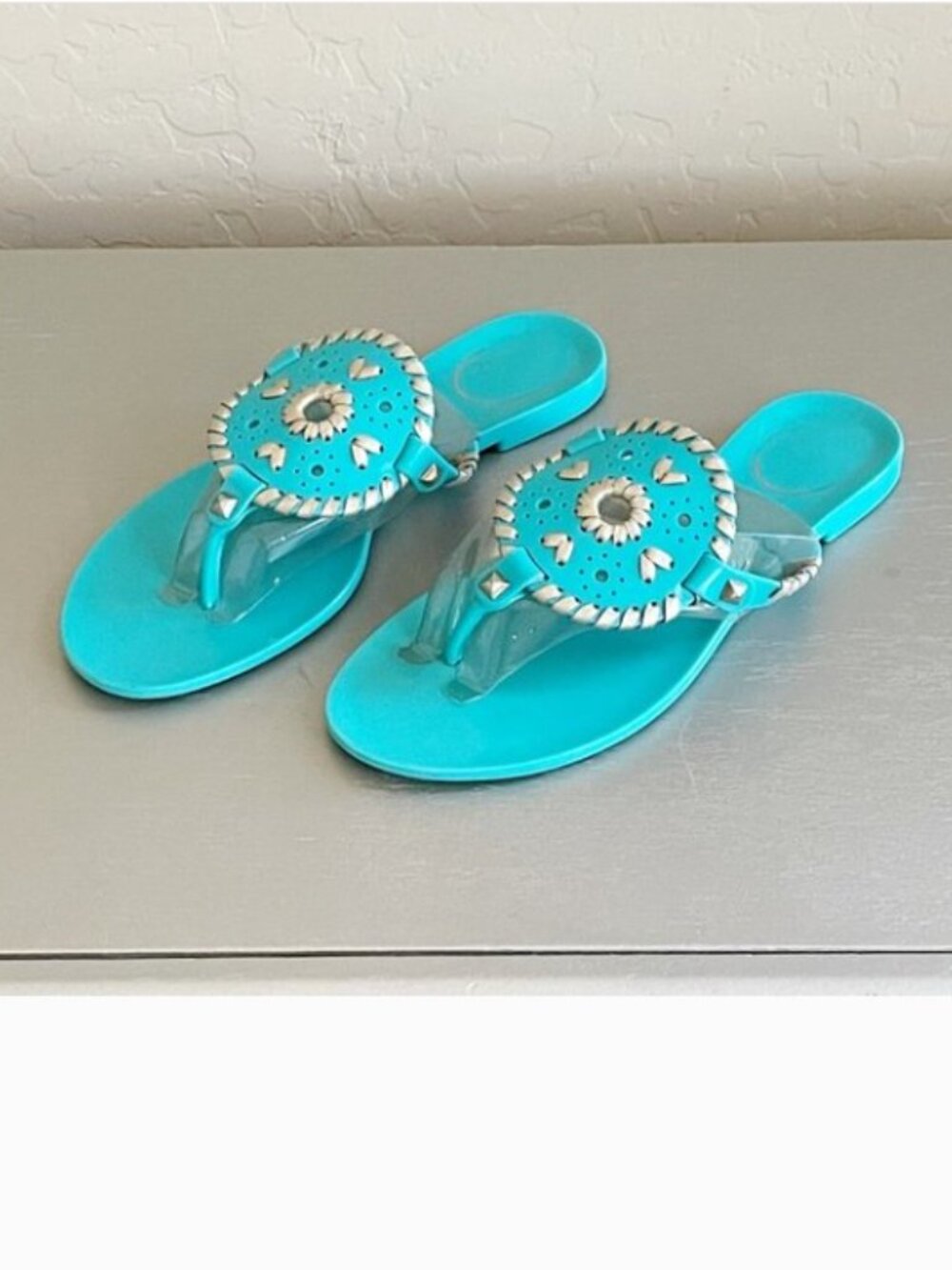 Jack Rogers Sandals Georgica Caribbean Turquoise Blue Gold Stud Jelly Thong 6